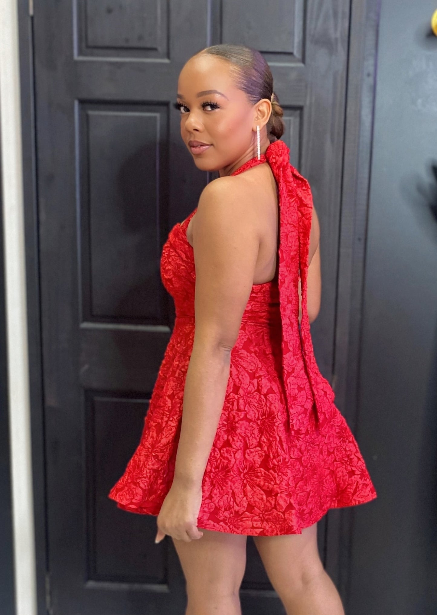 Red Jacquard Halter Dress