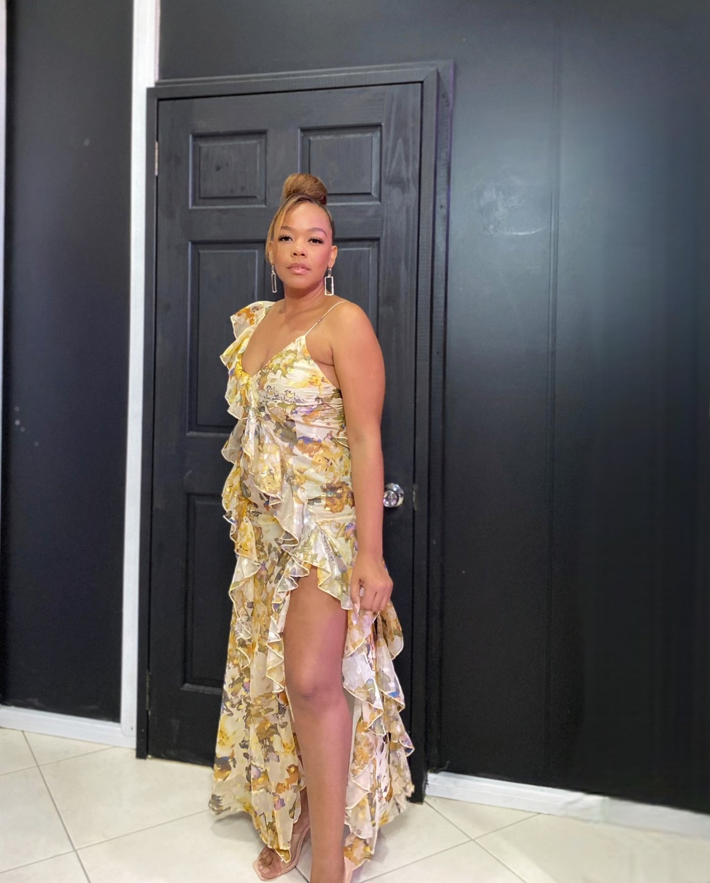 Gold Floral Print Maxi Dress