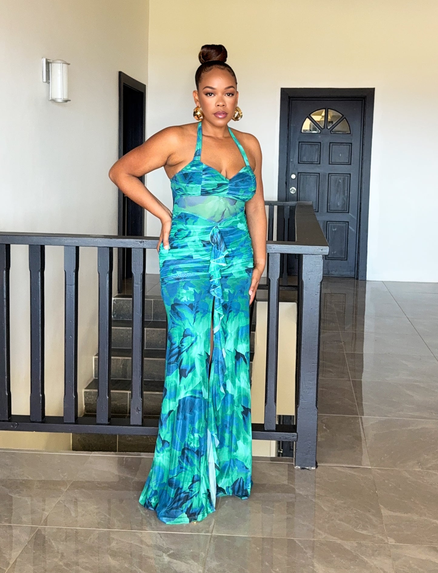 Green Floral Ruffled Maxi Dress
