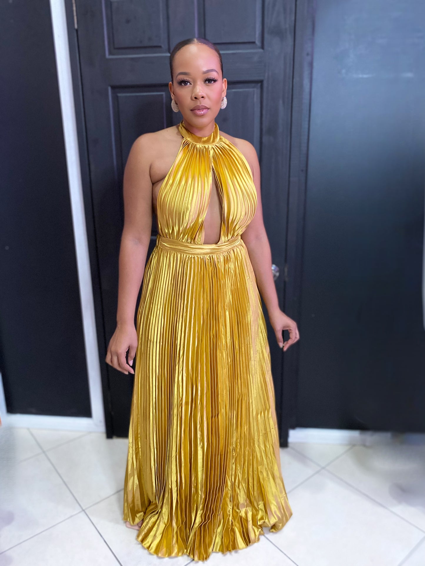 Gold Satin Maxi Pleated Halter Dress