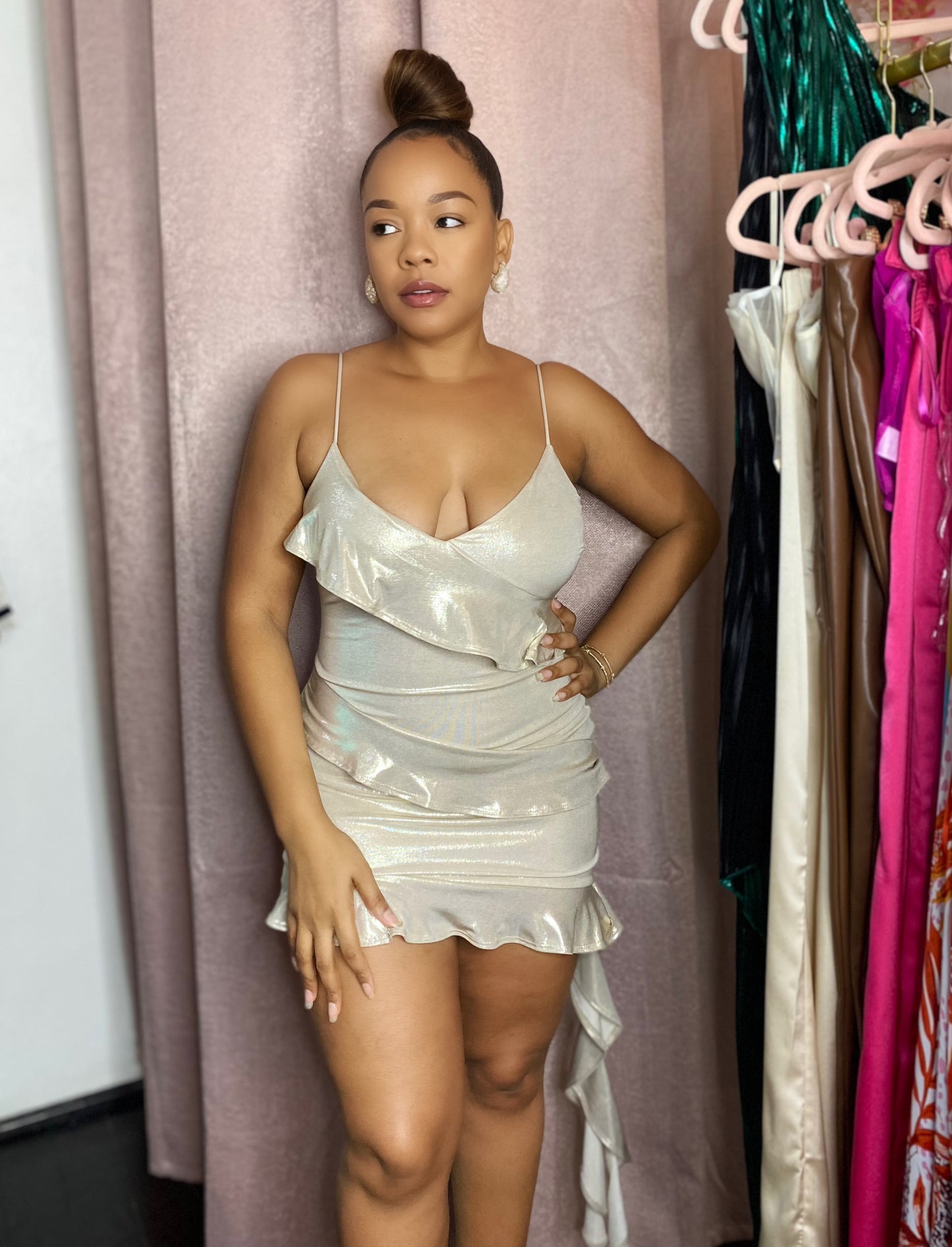 Gold Foiled Ruffle Mini Dress