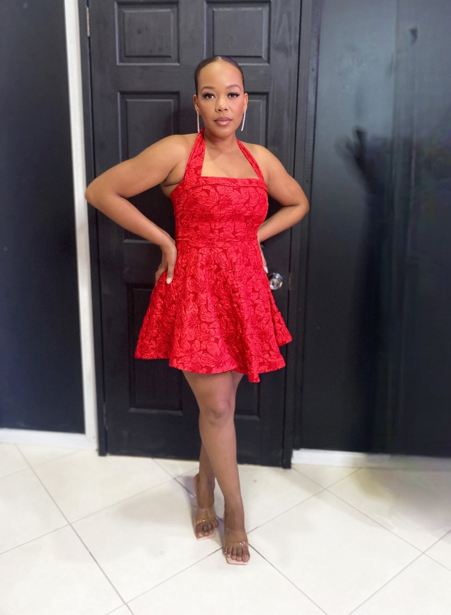 Red Jacquard Halter Dress
