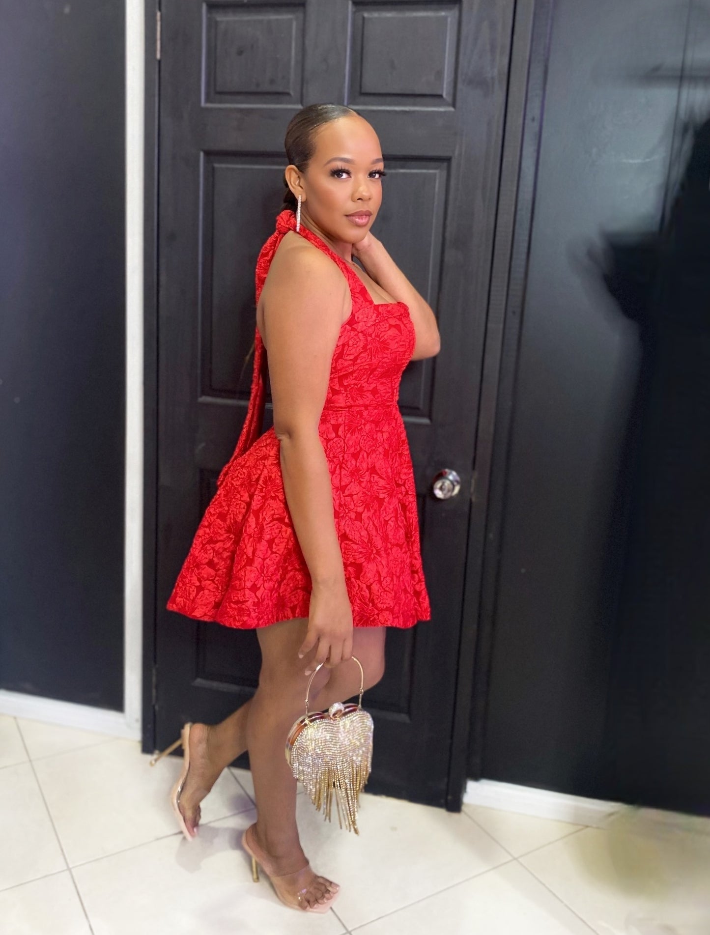 Red Jacquard Halter Dress