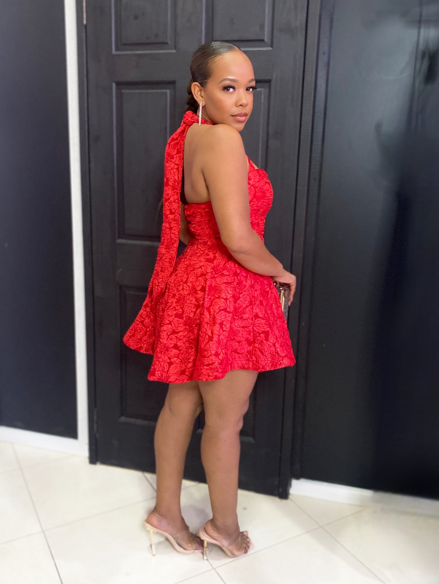 Red Jacquard Halter Dress
