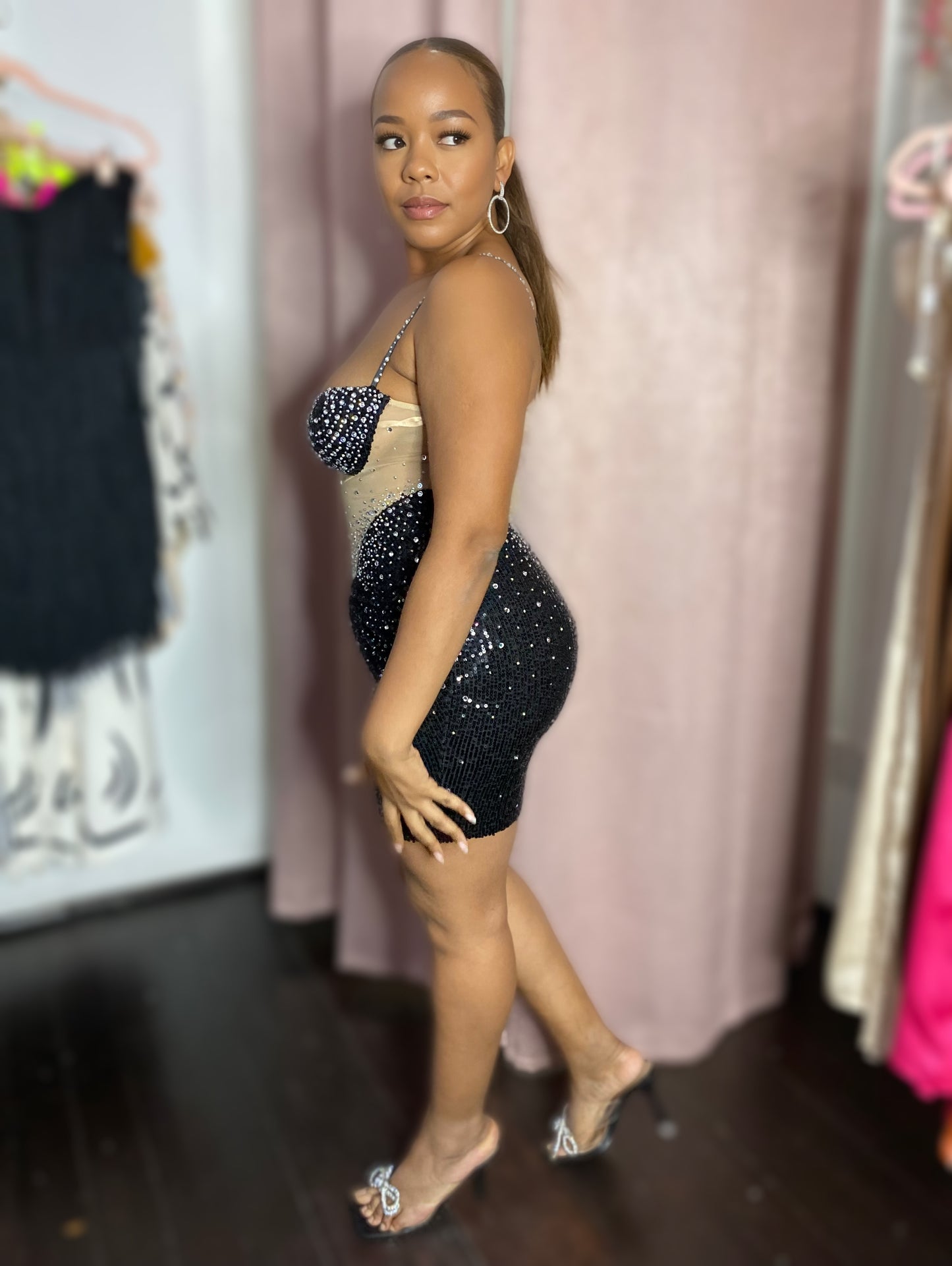 Black Rhinestone and Mesh Dress