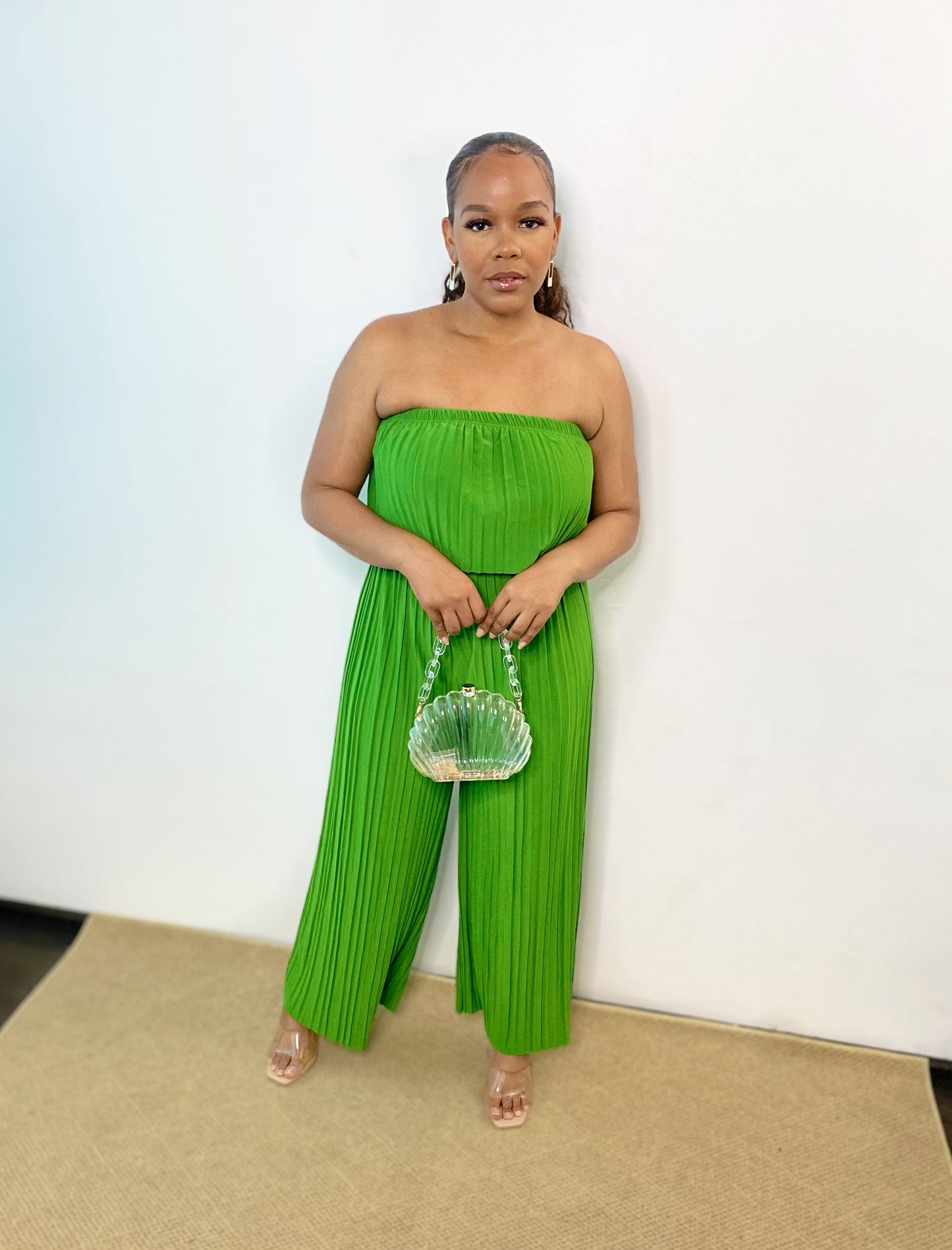 Green Pleated Wide Leg Tube Jumpsuit