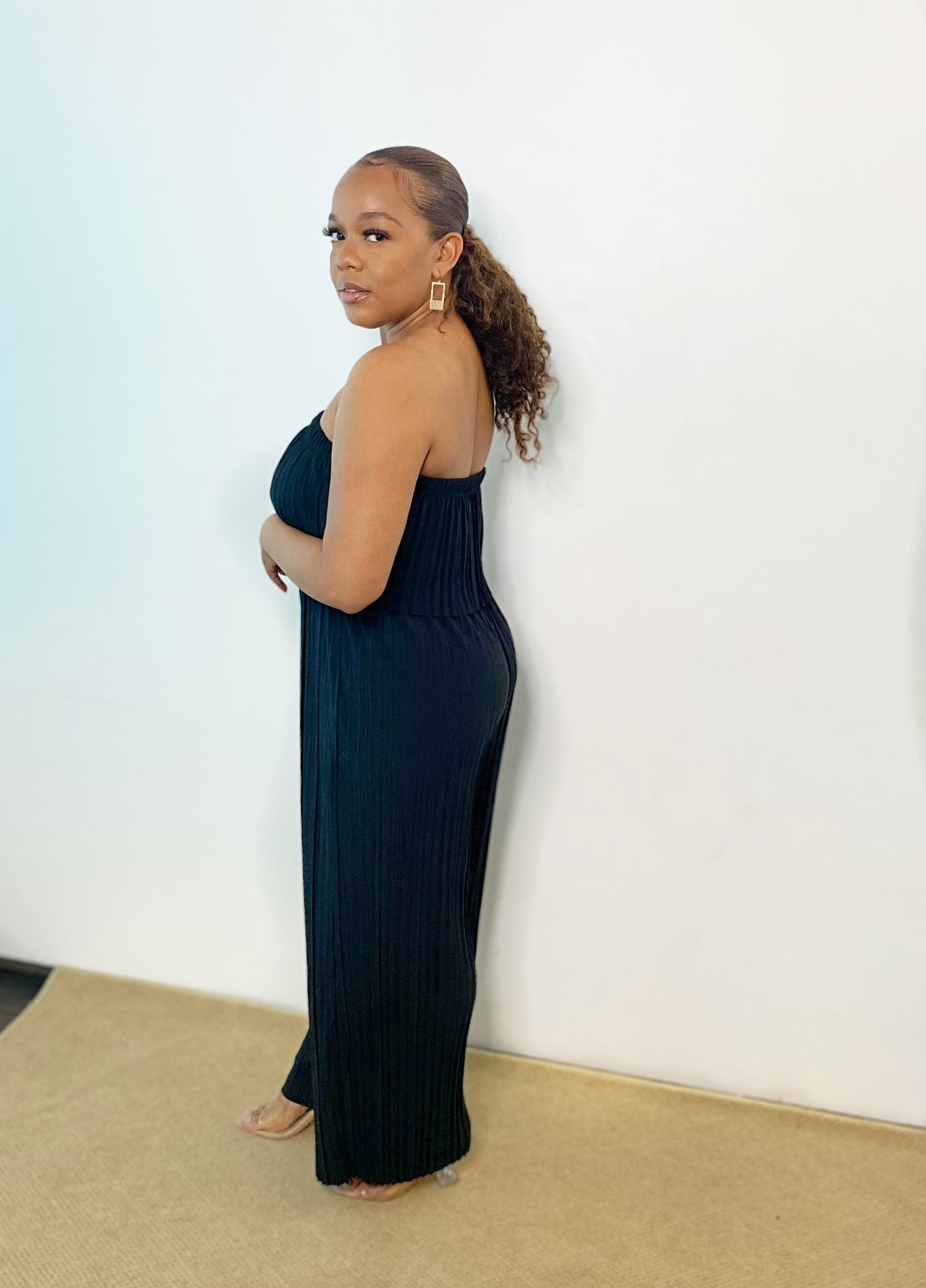 Black Pleated Wide Leg Tube Jumpsuit