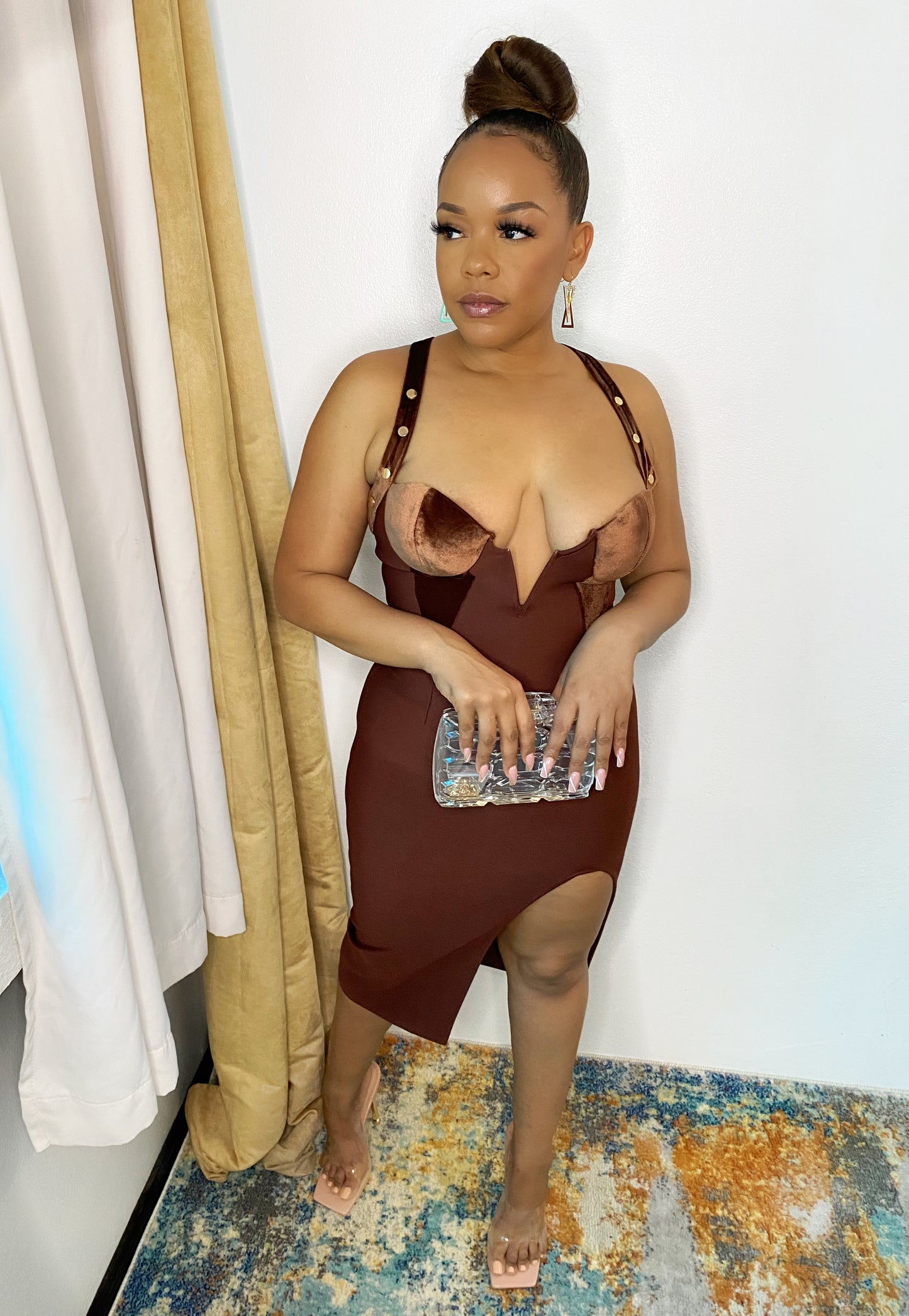 Brown Velvet Cut Bandage Dress