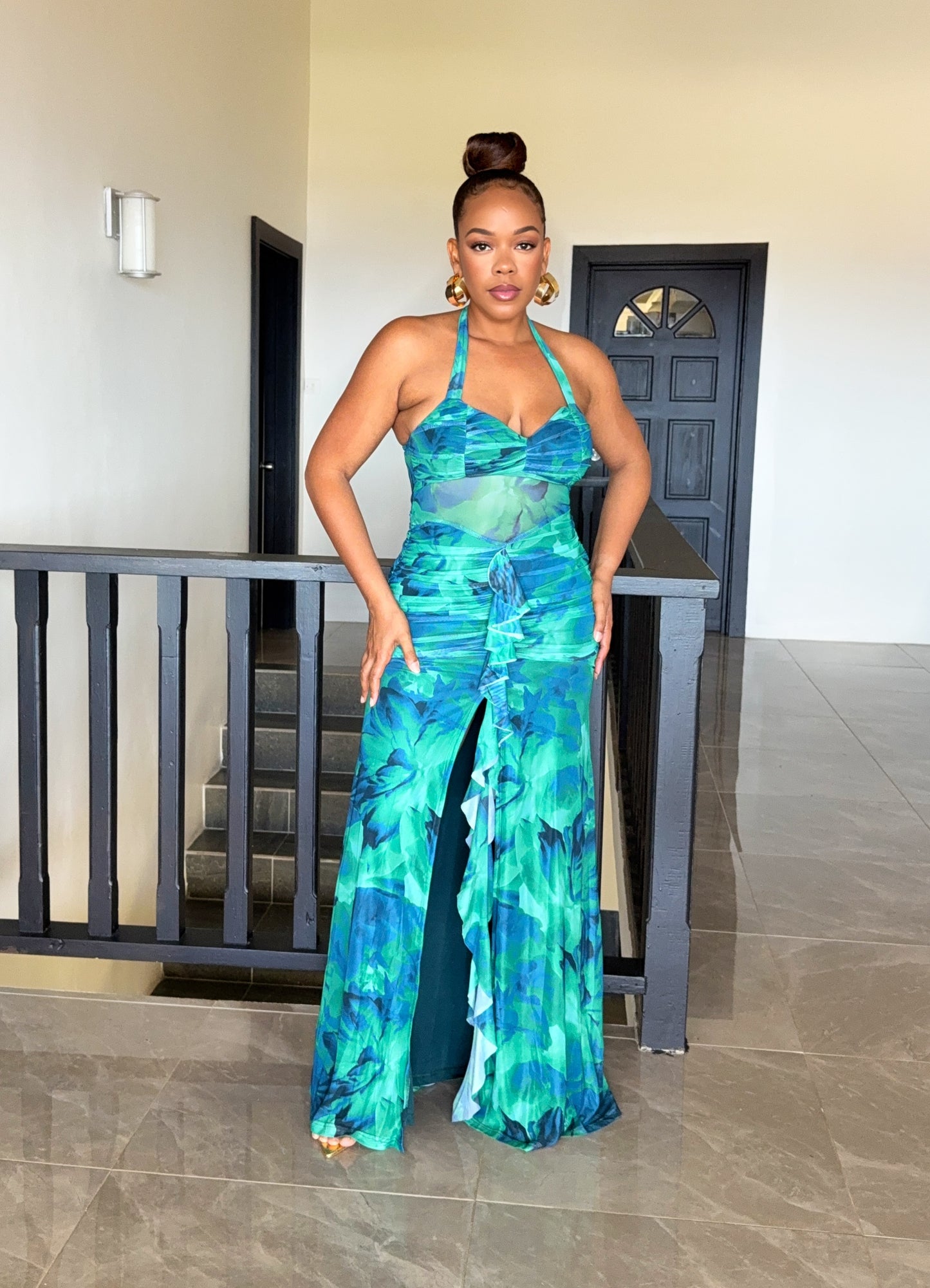 Green Floral Ruffled Maxi Dress