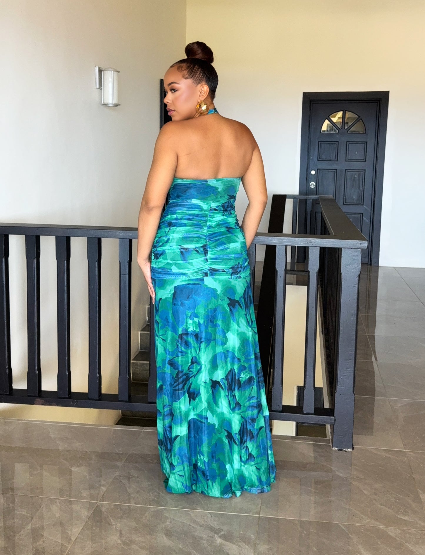 Green Floral Ruffled Maxi Dress