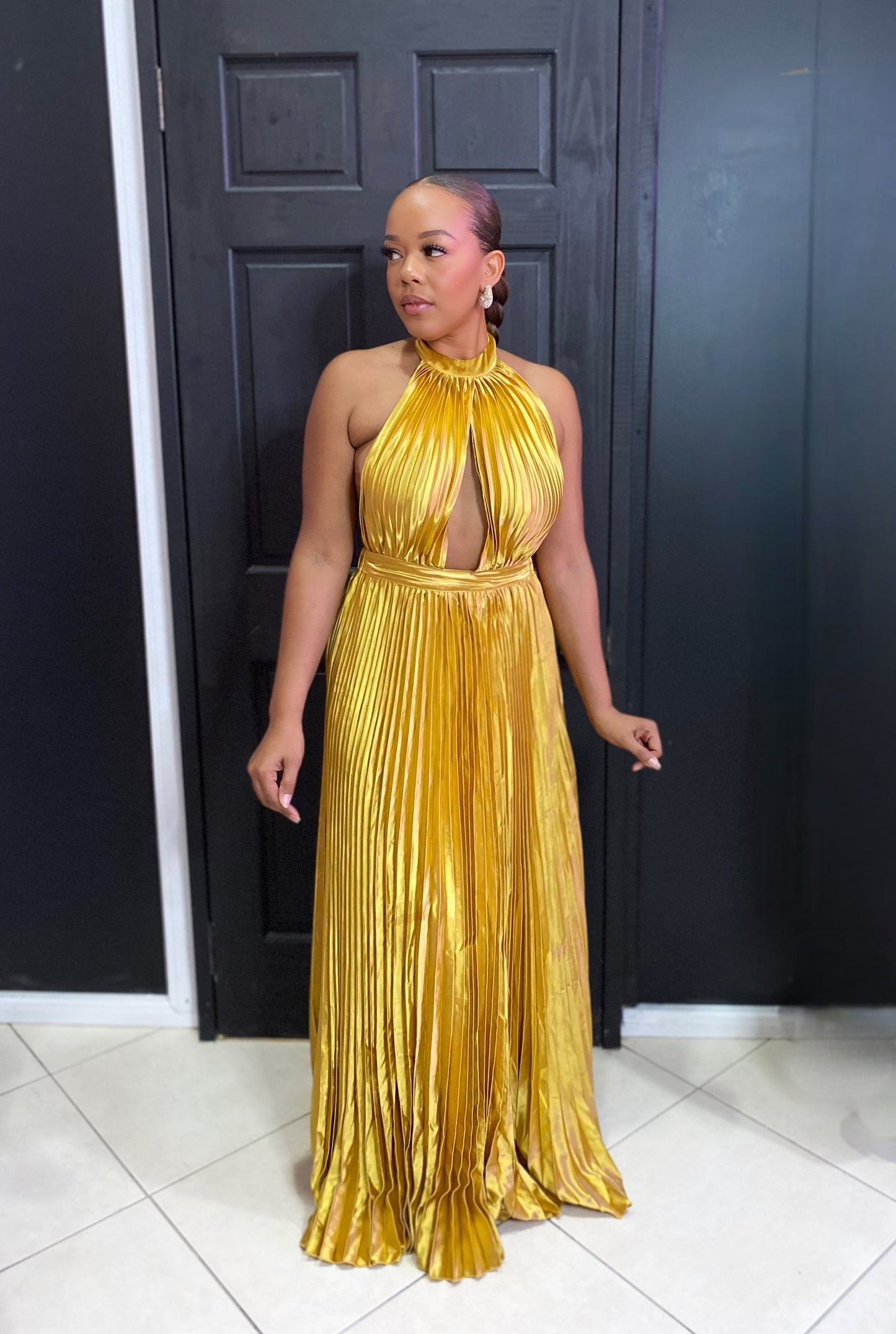 Gold Satin Maxi Pleated Halter Dress