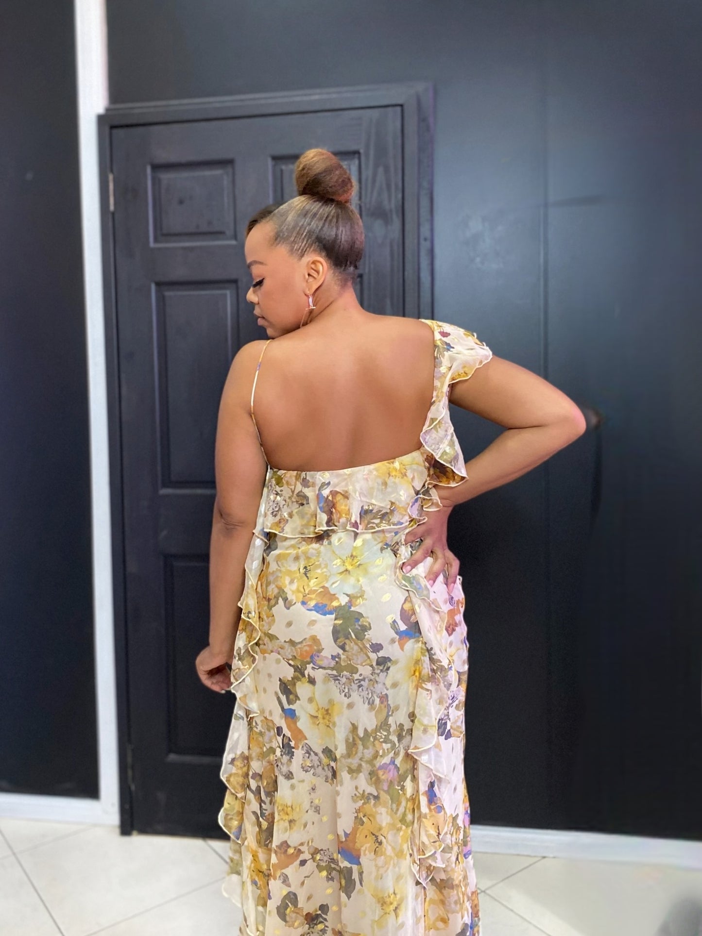 Gold Floral Print Maxi Dress
