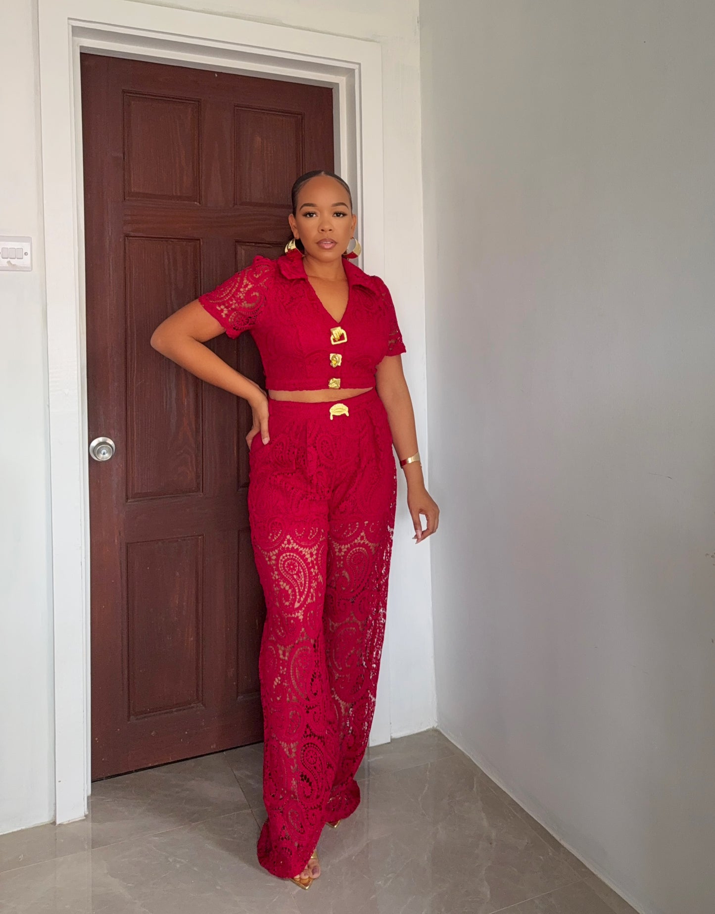 Red Lace Two Piece Pants Set