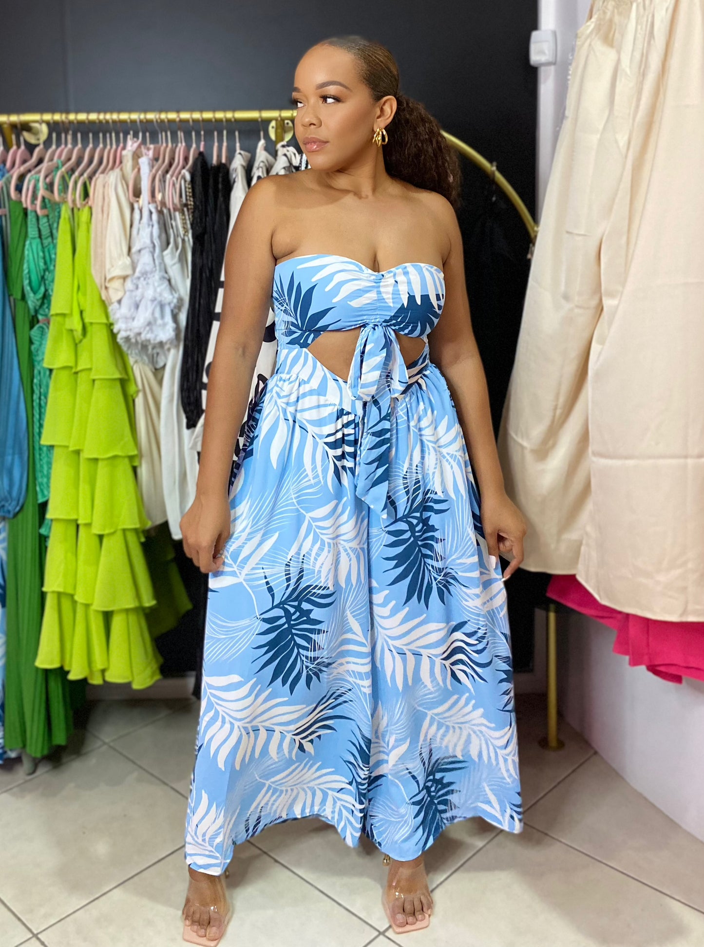 Blue Wide Leg Tube Jumpsuit