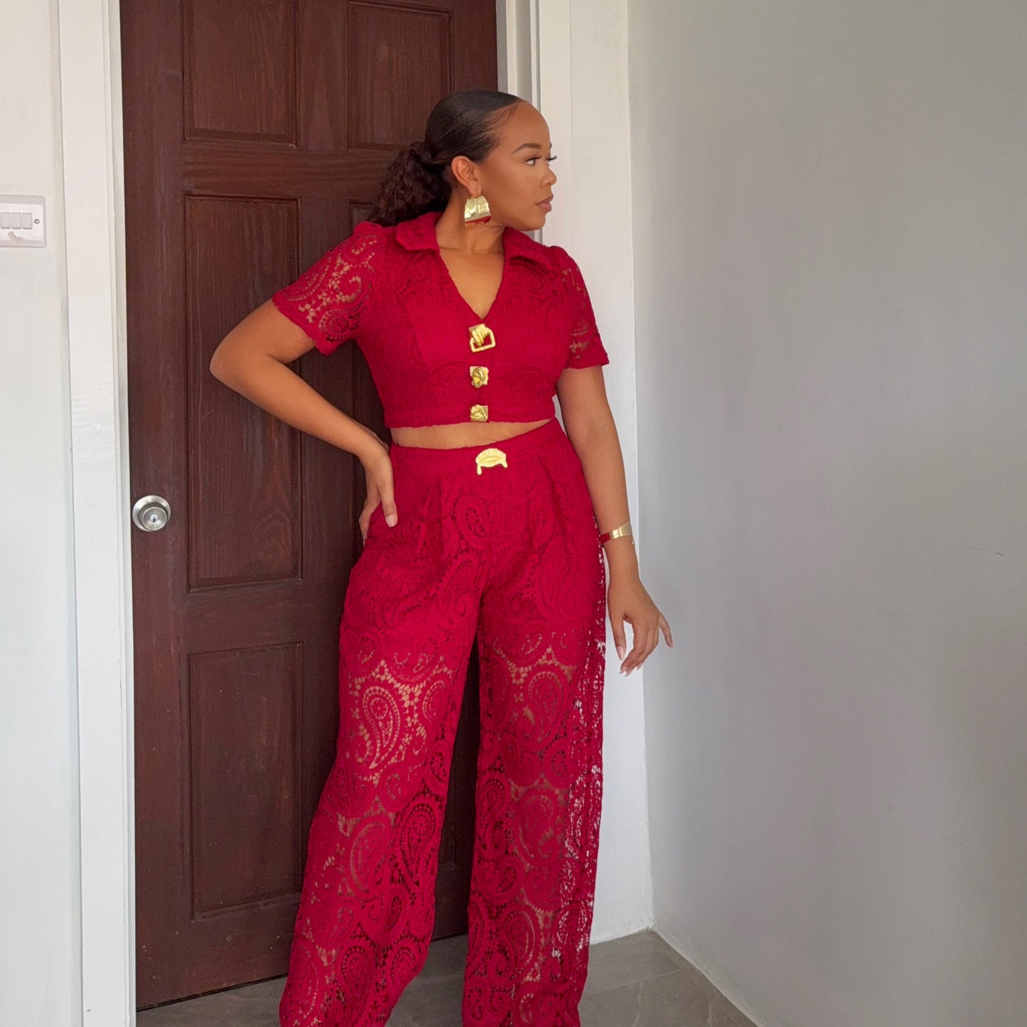 Red Lace Two Piece Pants Set