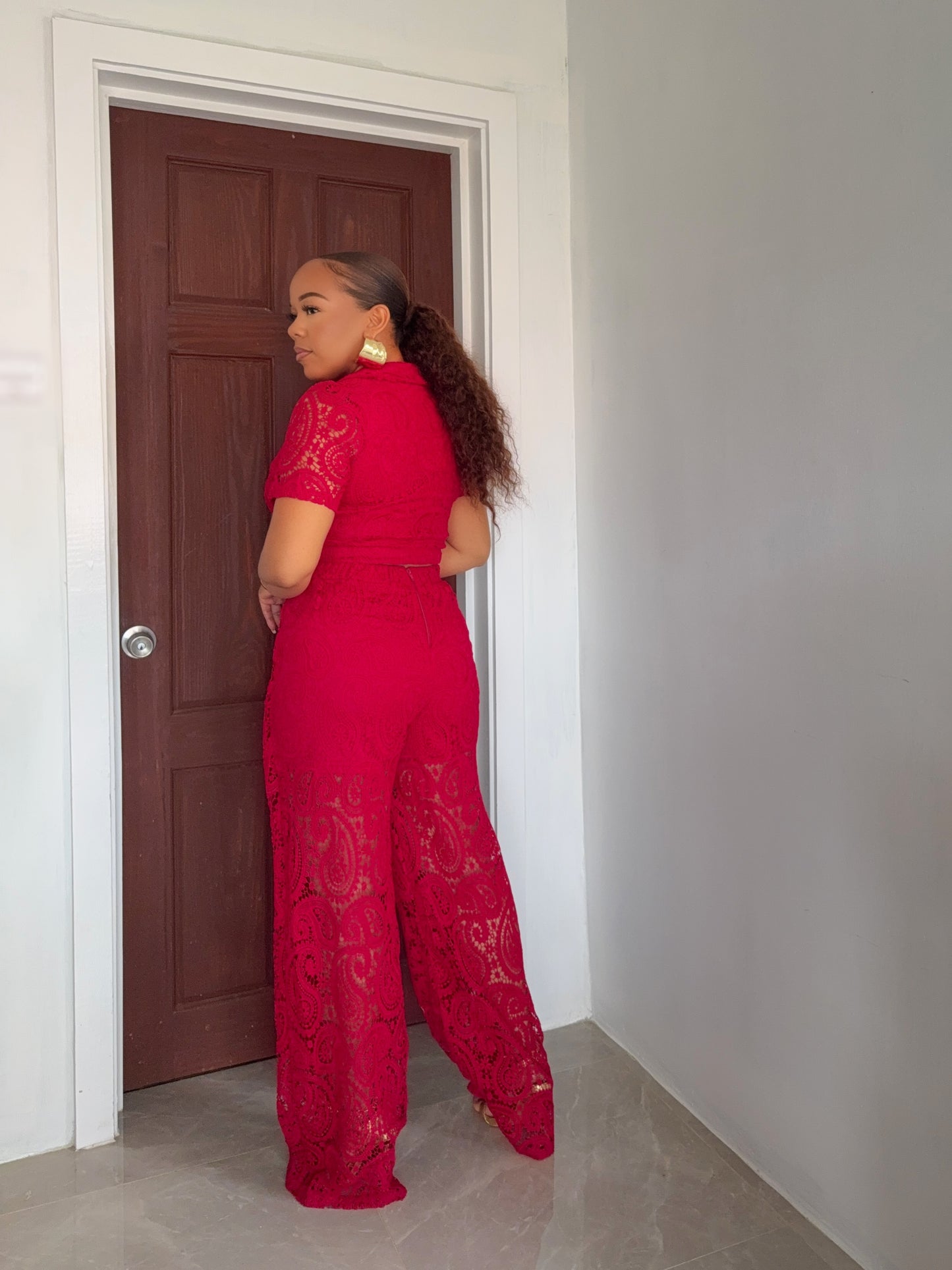 Red Lace Two Piece Pants Set