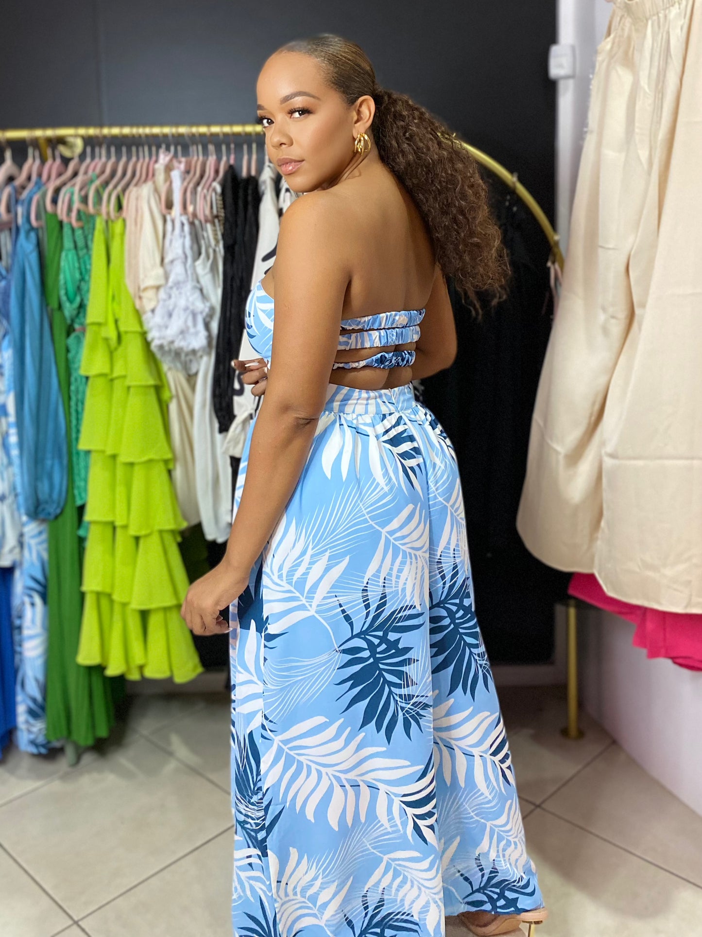 Blue Wide Leg Tube Jumpsuit
