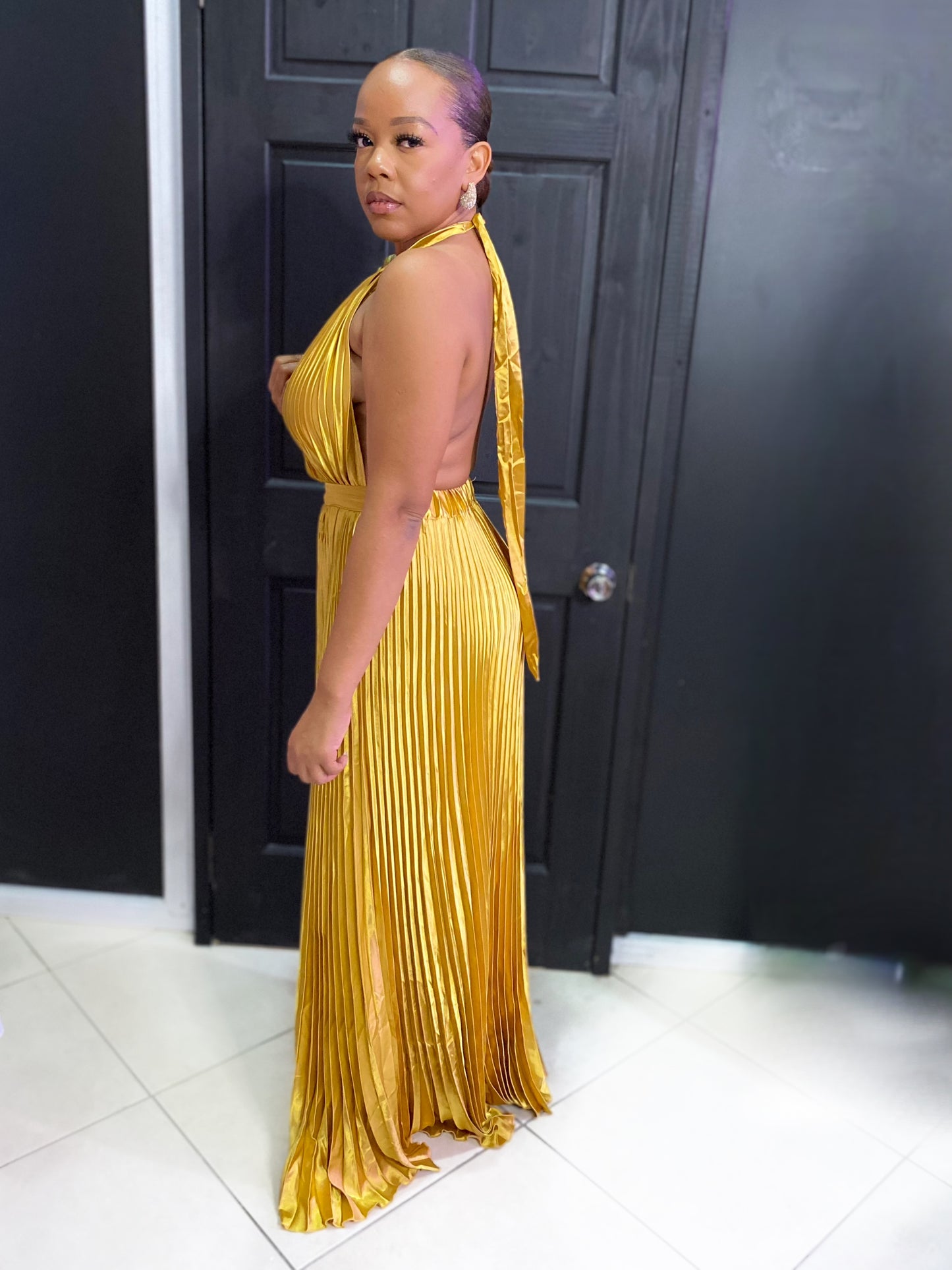 Gold Satin Maxi Pleated Halter Dress