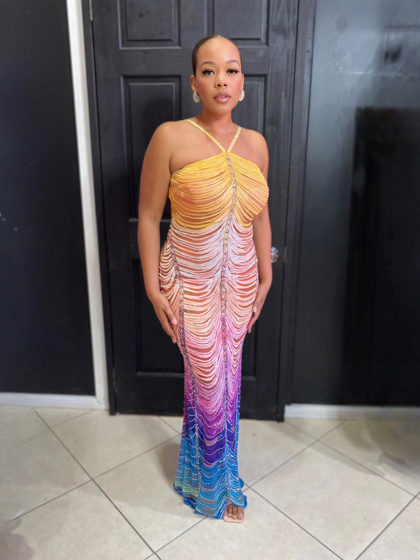Multi Colored Rhinestone Maxi Dress