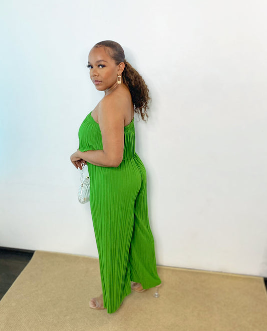 Green Pleated Wide Leg Tube Jumpsuit