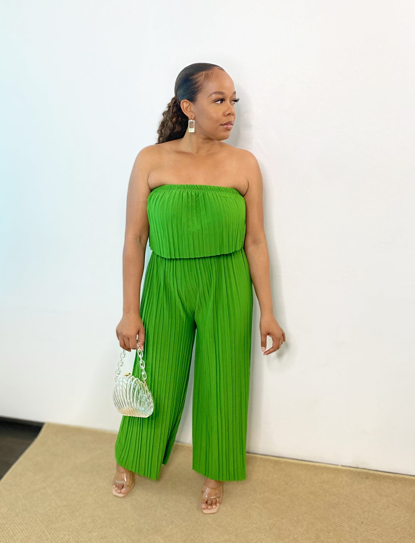 Green Pleated Wide Leg Tube Jumpsuit