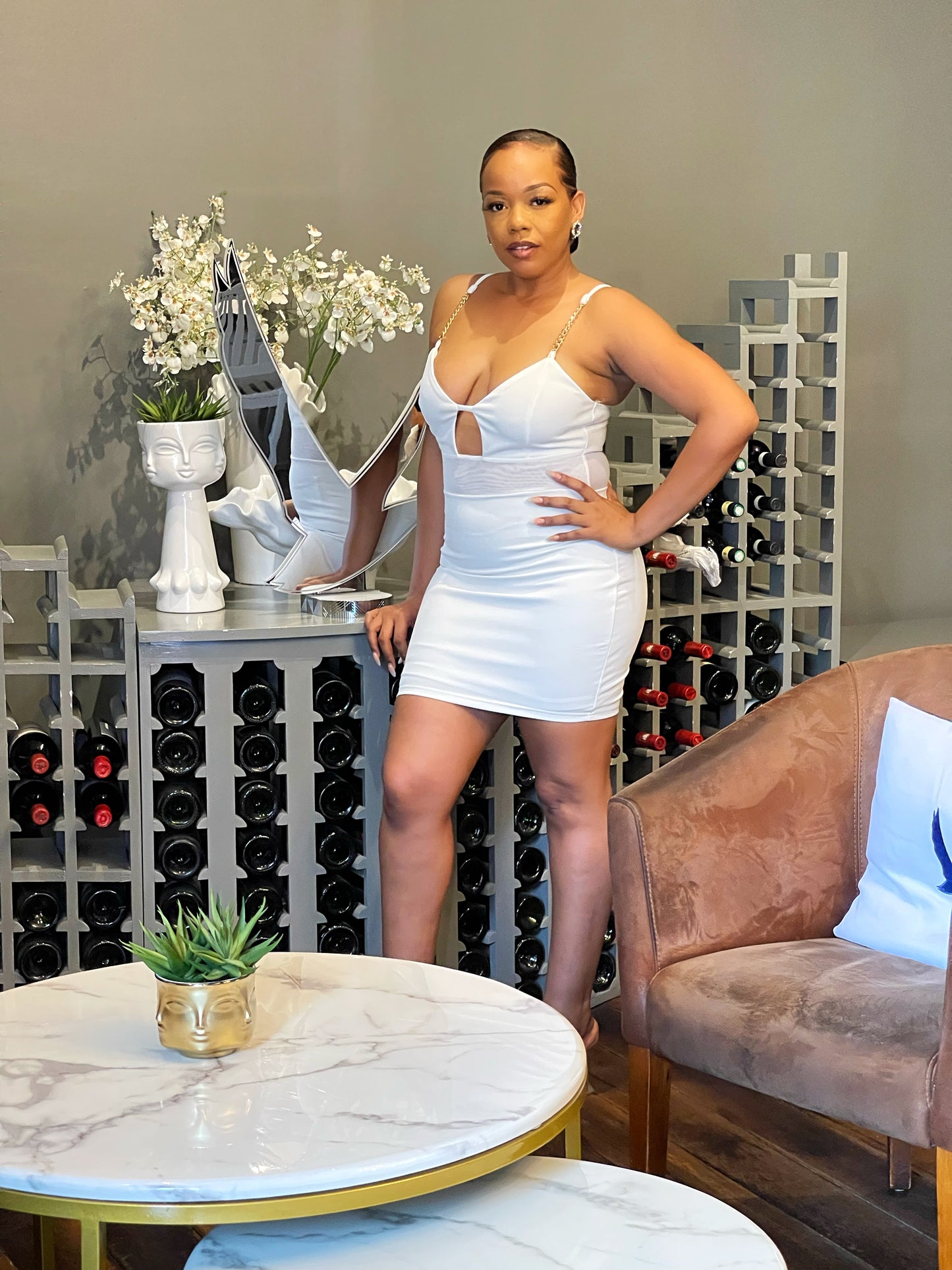Gold Chain Strap White Dress