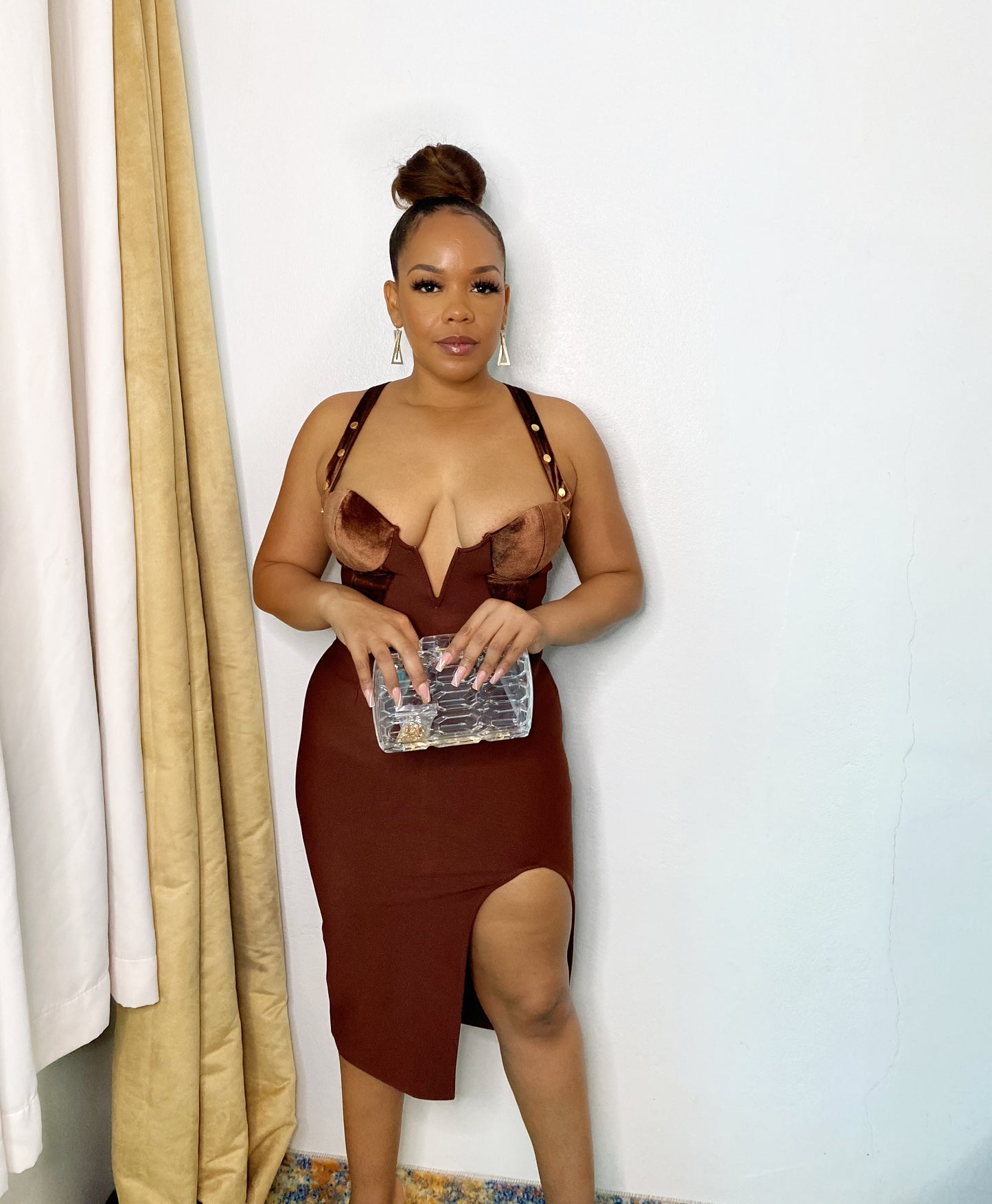 Brown Velvet Cut Bandage Dress