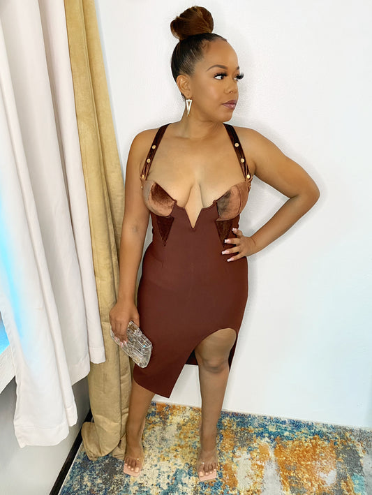 Brown Velvet Cut Bandage Dress