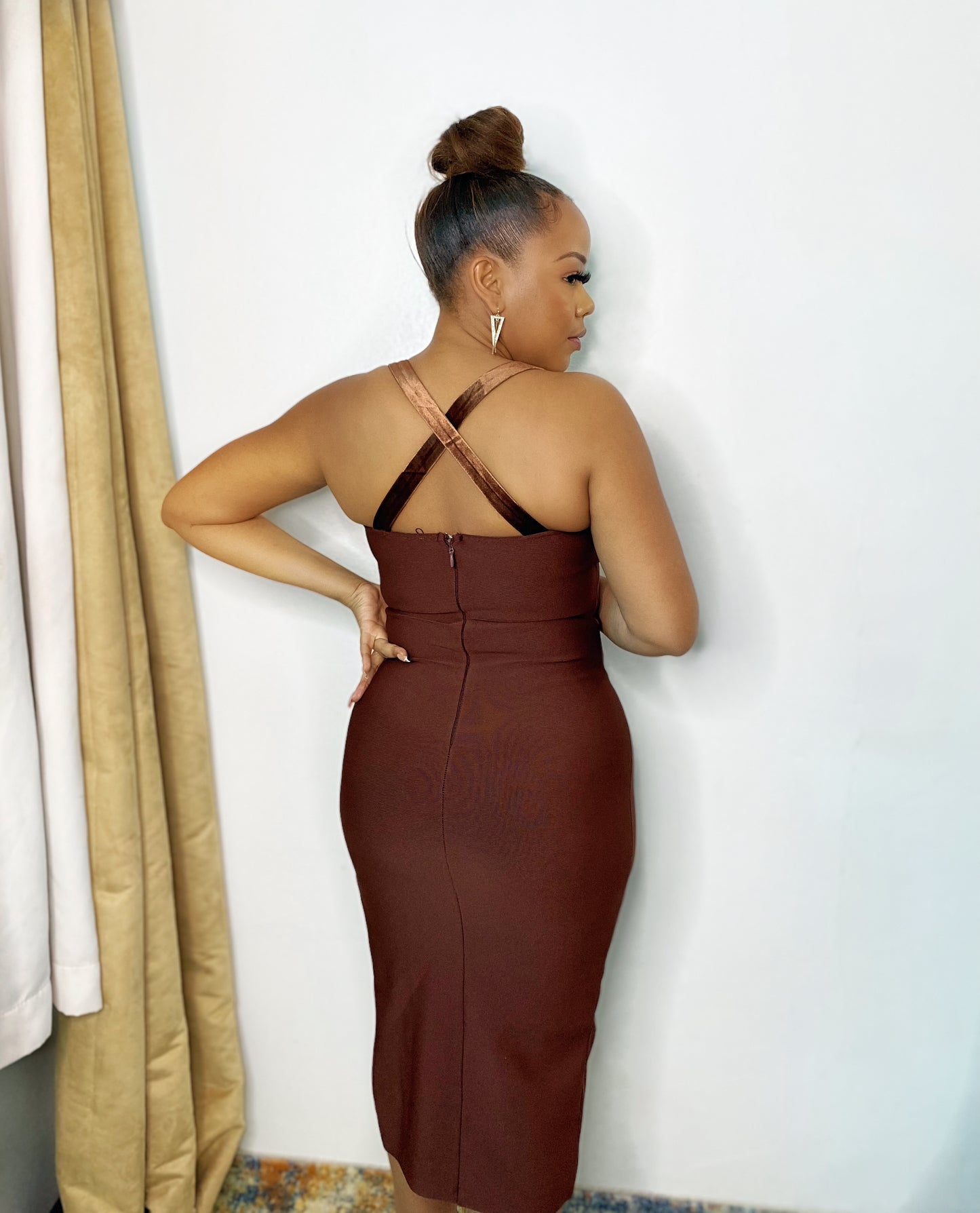 Brown Velvet Cut Bandage Dress