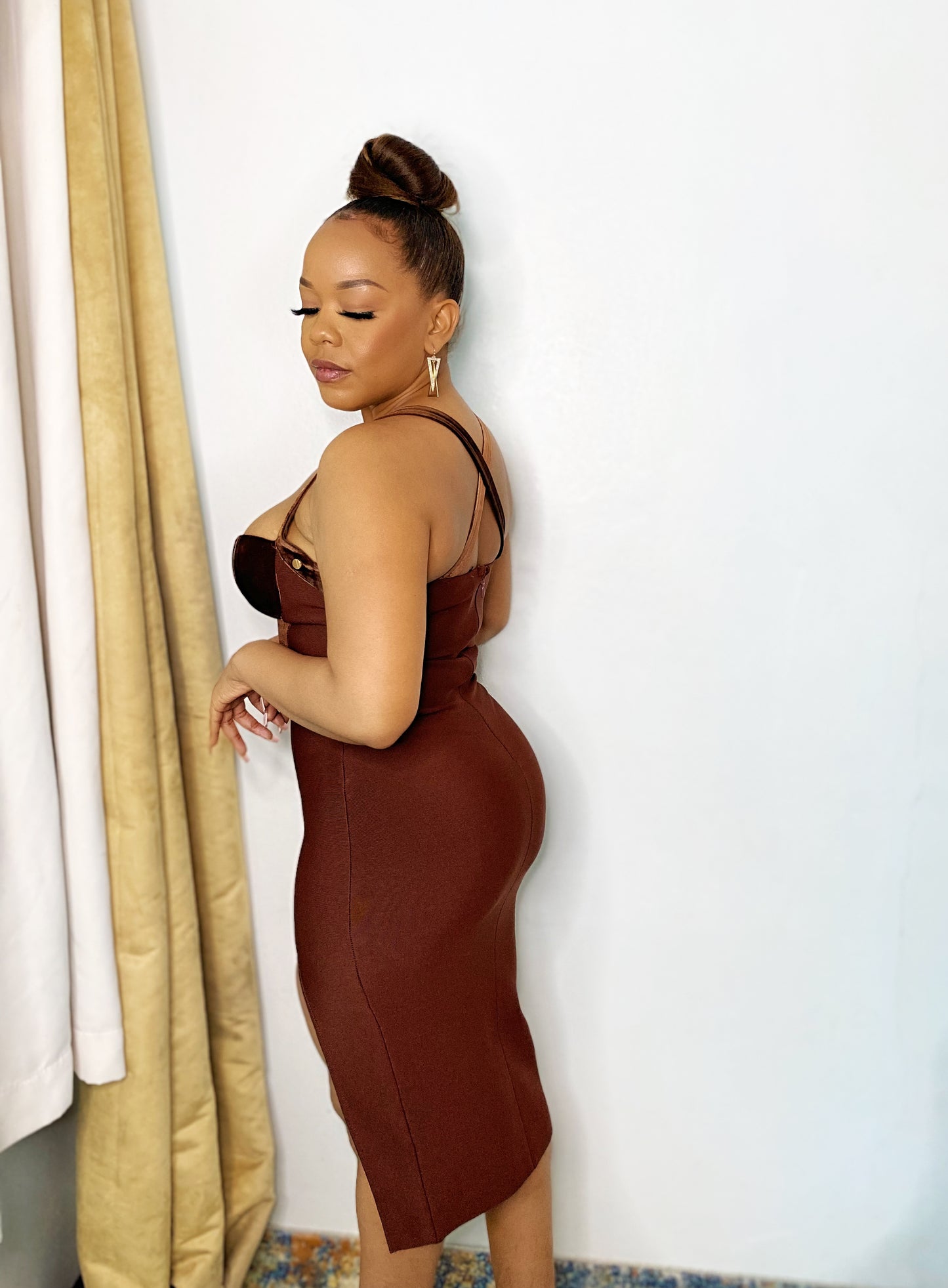 Brown Velvet Cut Bandage Dress