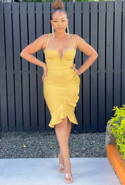 Gold Ruffle Bandage Dress