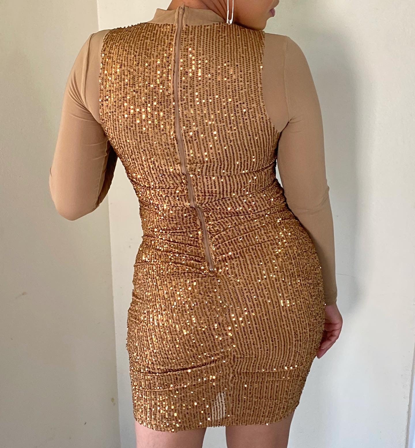 Brown Sequin -Mesh Sleeve Dress